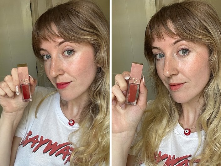 Side-by-side images of the editor wearing the Valentino Beauty Liquirosso 2-in-1 Lip & Blush Soft Matte Color in 22A Rosso Valentino and Valentino Beauty Liquirosso 2-in-1 Lip & Blush Soft Matte Color in 218A See You Later