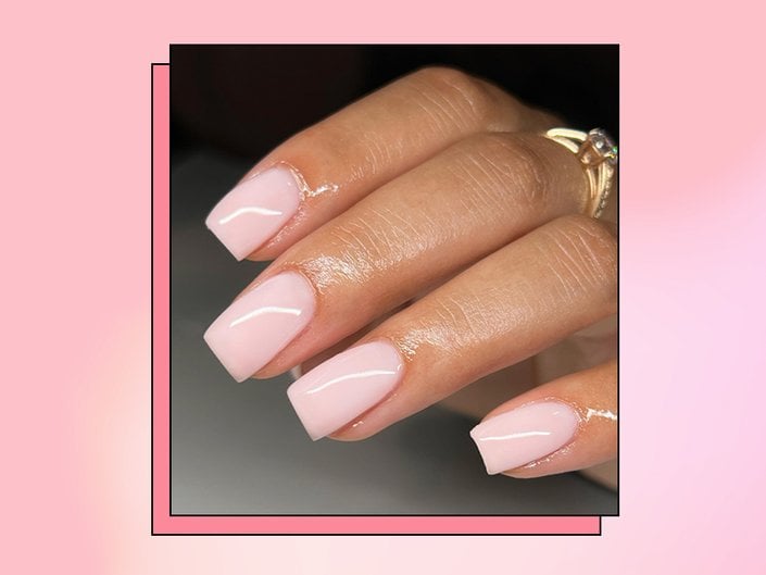 Photo of a hand with light pink square-shaped nails, collaged on a pink background