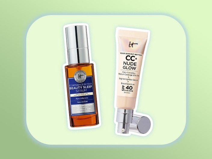 IT Cosmetics Confidence in Your Beauty Sleep Triple Antioxidant Brightening Serum and IT Cosmetics Your Skin But Better CC+ Nude Glow Lightweight Foundation + Glow Serum With SPF 40 collaged on a green background