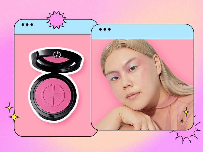 Pink tie-dye collage with a photo of a model wearing pastel-colored makeup and the Giorgio Armani Beauty Luminous Silk Glow Blush in Ecstasy