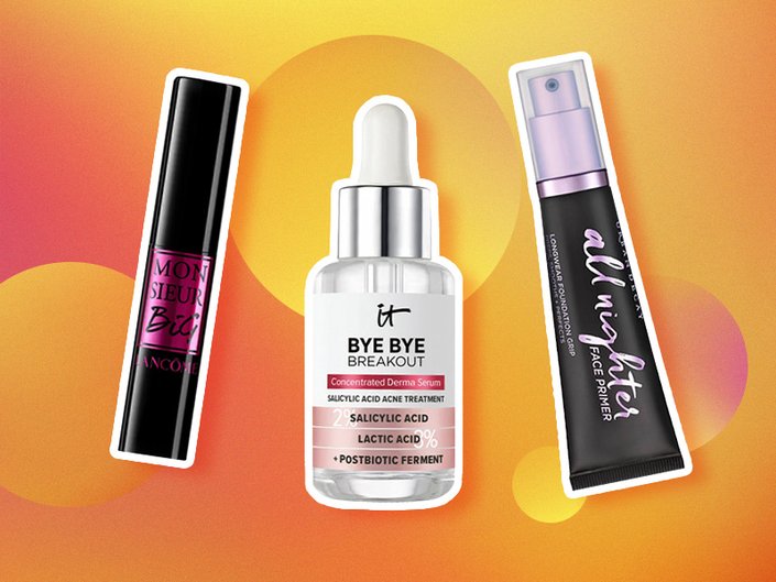 Lancôme Monsieur Big Volumizing Mascara, IT Cosmetics Bye Bye Breakout Salicylic Acid Acne Serum and Urban Decay All Nighter Face Makeup Primer collaged on an orange background