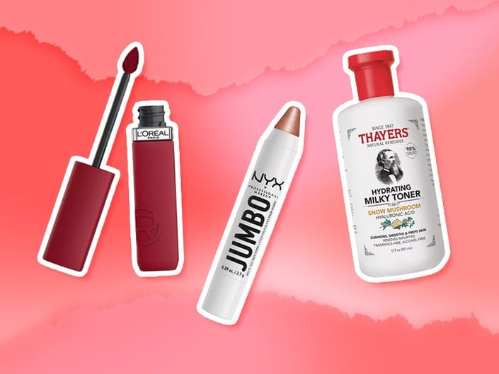 L’Oréal Paris Infallible Matte Resistance Liquid Lipstick, NYX Professional Makeup Jumbo Multi-Use Highlighter Stick and Thayers Hydrating Milky Toner With Snow Mushroom and Hyaluronic Acid collaged on a pink background