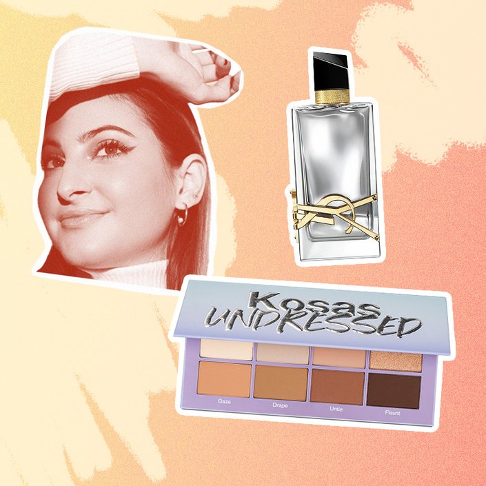 photo of alanna collaged with the YSL Beauty Libre Absolu Platine and the Kosas Undressed Collection Eyeshadow Palette