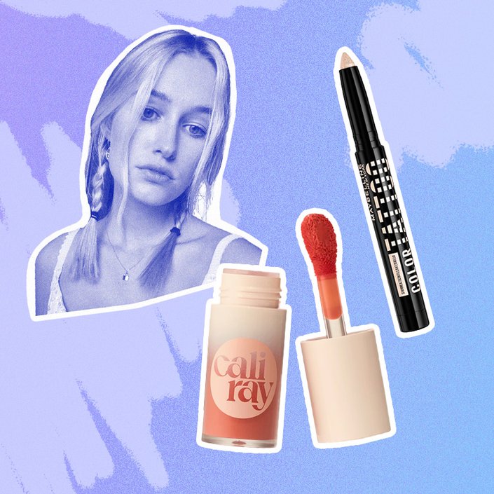 photo of jordan collaged with the Maybelline New York Color Tattoo Eye Stix Up to 24HR Wear Shadow, Liner, Primer and the Caliray SoCal Superbloom Lip + Cheek Soft Stain