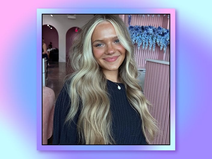 Photo of a person with long blonde hair collaged on a purple and blue tie-dye background