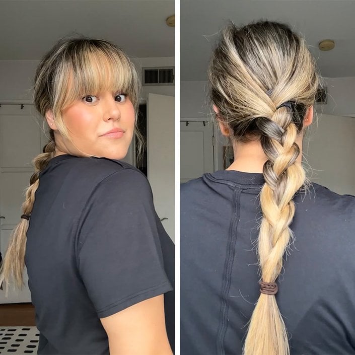 Side-by-side photos of an editor with long light brown hair and bangs, with the hair pulled into a single braid
