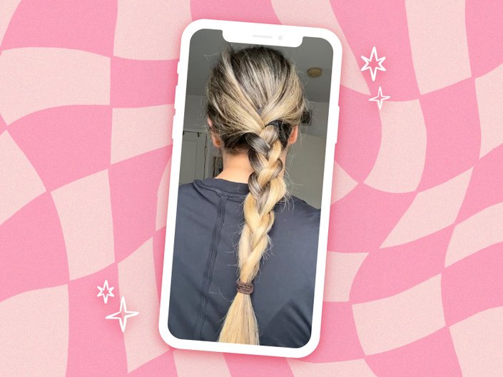Photo of a the back of an editor's head with light brown hair in a braid, collaged on a light pink checkered background