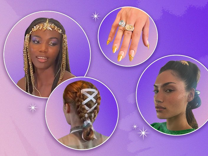 Collage of nyfw beauty trends on a purple background