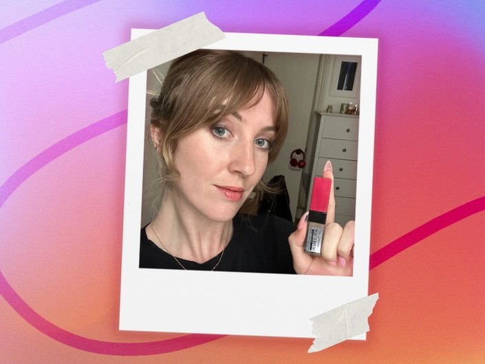 Picture of the editor holding the Maybelline New York Tattoo Studio Brow Styling Gel on a graphic multicolored background