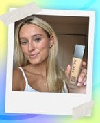 Photo of an editor wearing and holding up the Lancôme Teint Idole Ultra Wear Foundation collaged on a blue and yellow background