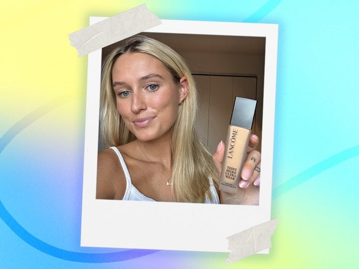 Photo of an editor wearing and holding up the Lancôme Teint Idole Ultra Wear Foundation collaged on a blue and yellow background