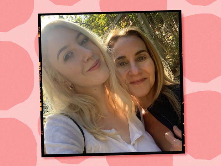 Picture of the editor and her mom on a graphic pink background