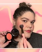 editor wearing Giorgio Armani Beauty Luminous Silk Glow Blush collaged on a pink graphic background