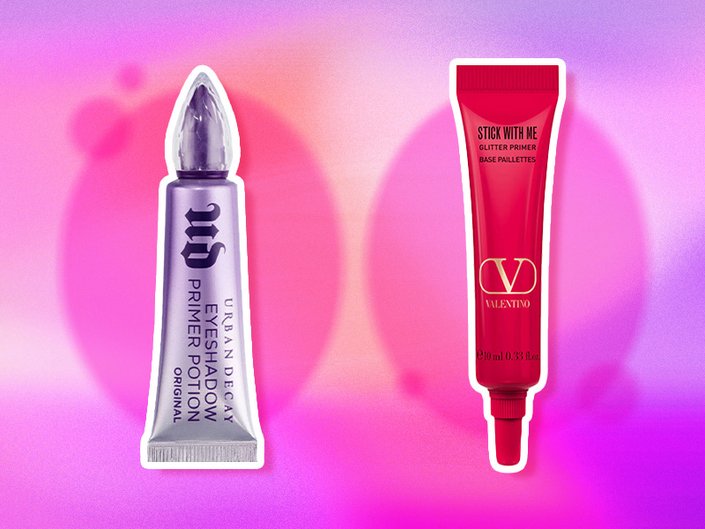 Image of the Urban Decay Eyeshadow Primer Potion and the Valentino Beauty Stick With Me Glitter Primer on a pink gradient graphic background