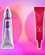 Image of the Urban Decay Eyeshadow Primer Potion and the Valentino Beauty Stick With Me Glitter Primer on a pink gradient graphic background