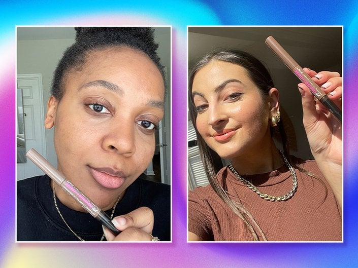 editors holding the nyx zero to brow longwear gel collaged onto a multi-color blue and purple background