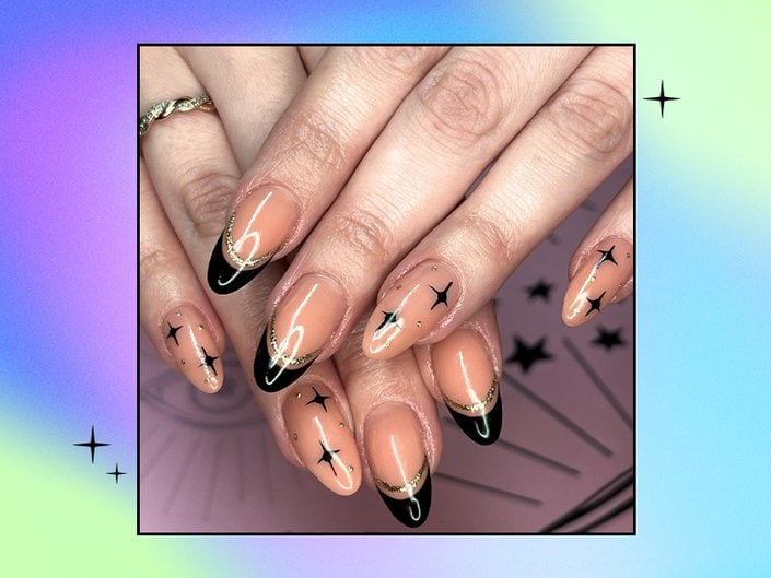 Photo of someone’s nails painted with black and gold French tips and sparkles, collaged on a rainbow tie-dye background