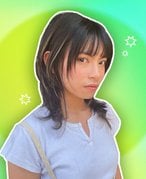 Photo of a person with dark hair with a hush cut collaged on a green background