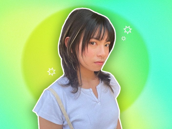 Photo of a person with dark hair with a hush cut collaged on a green background