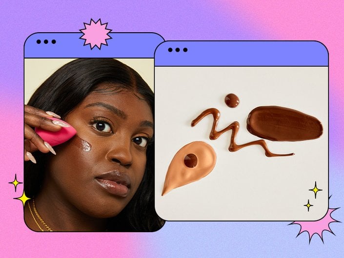 Picture of a model applying a foundation with a beauty sponge; picture of foundation swatches, both on a pink and purple graphic background
