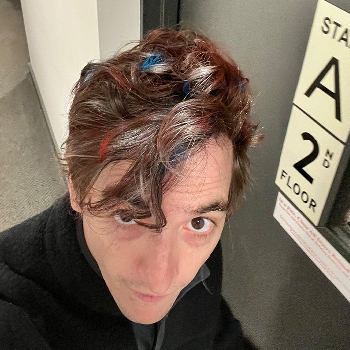 stephen rocking the loreal colorista spray in red, blue and silver