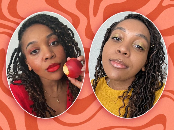 Two photos of an editor with candy apple makeup and butter makeup collaged on a red striped background