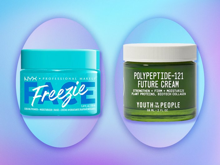 Primer and moisturizer on a graphic background