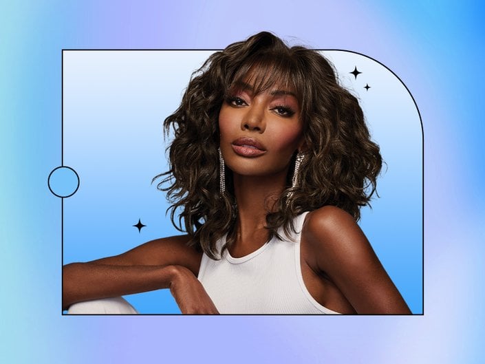 Photo of a person wearing a wig collaged on a blue graphic background