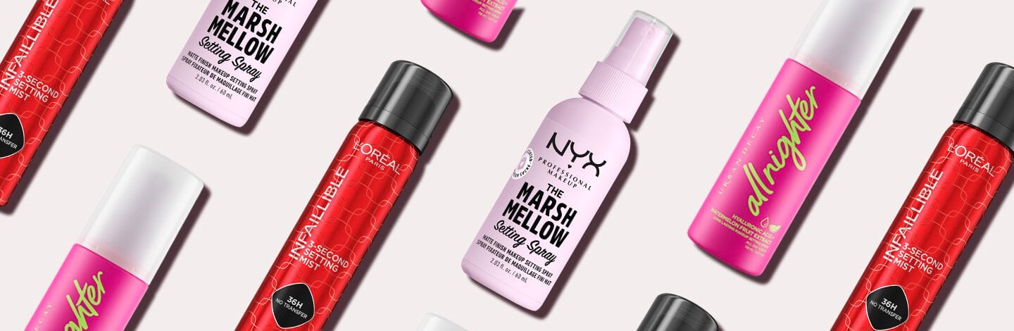 setting sprays collaged onto a pinkish white background