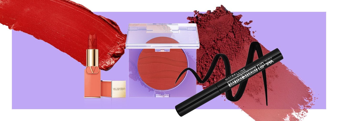 Picture of a mascara tube and mascara swatched on a purple background