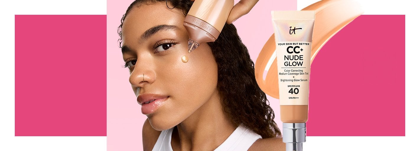 Girl applying foudation to face