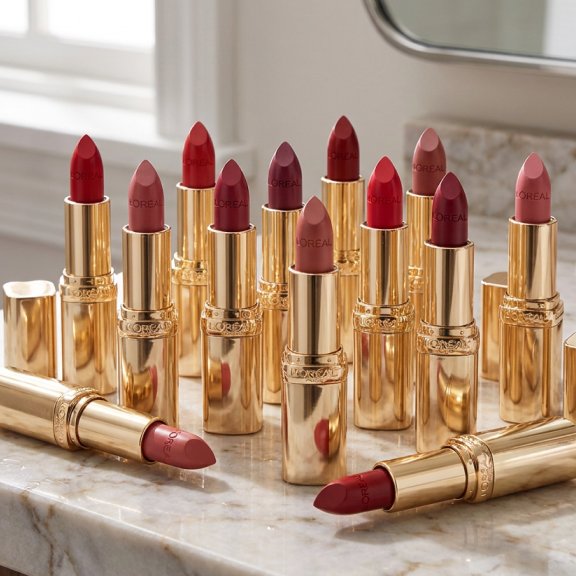 An image of L'Oréal Paris Colour Riche Satin Lipsticks in various shades spread across a bathroom counter