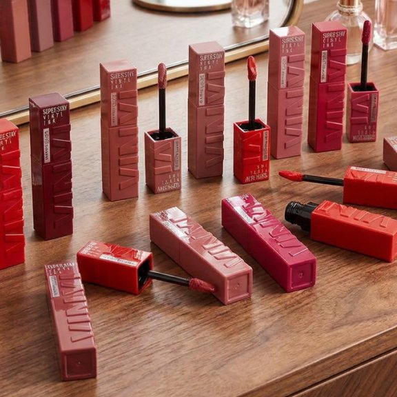 An image of Maybelline Super Stay Vinyl Ink Longwear Liquid Lipcolor s in various shades spread across a dresser area