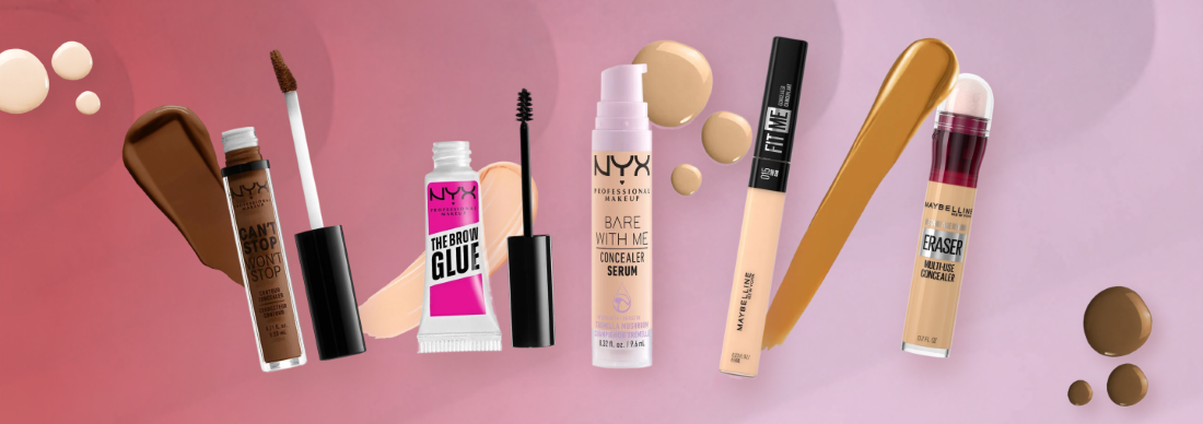 NYX and Maybelline New York concealer products on a shaded background