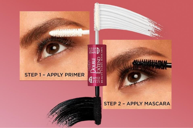 L'Oreal Paris Double Extend Mascara on a pink gradient background