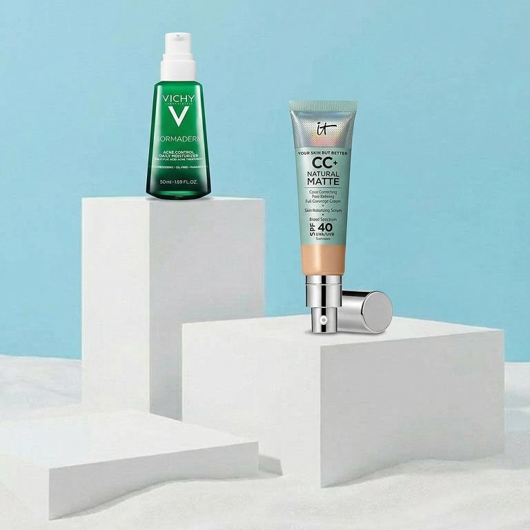Image of iT Cosmetics CC + Nude Glow Lightweight Foundation + Glow Serum with SPF 40 and Vichy Noraderm PhytoAction Acne Control Moisturizer with Salicylic Acid