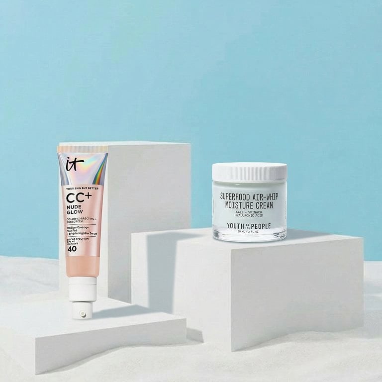 Image of iT Cosmetics CC + Nude Glow Lightweight Foundation + Glow Serum with SPF 40 and Youth to the People Superfood Air-Whip Moisture Cream Jumbo