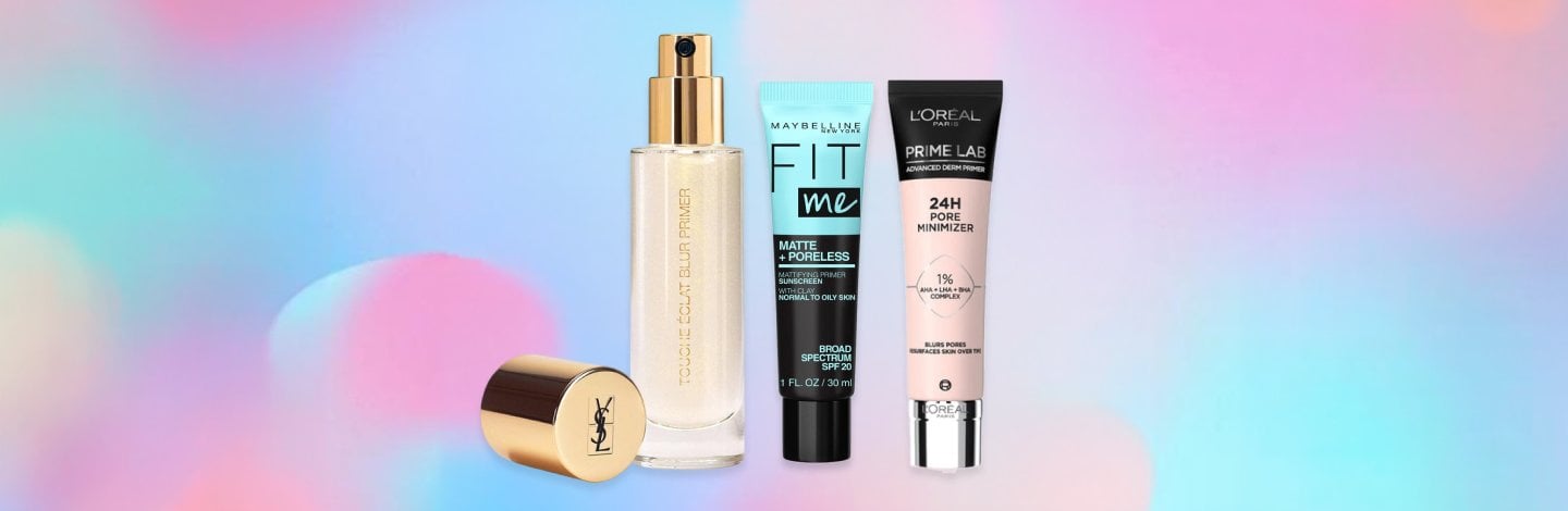 Three tubes of cosmetics side by side - Tube of Maybelline Fit Me Matte + Poreless Primer, YSL Beauty Touche Eclat Blur Prime, and L’Oréal Paris Prime Lab 24H Pore Minimizer on a pastel blue‑pink gradient background 