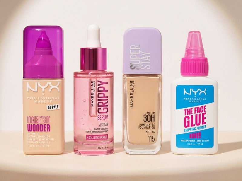A collection of listed products against a light background. Spotlight on products: NYX Professional Makeup Make ‘em Wonder Matte Foundation, Maybelline New York Grippy Serum Primer, Maybelline New York Lumi-Matte Foundation, NYX Professional Makeup The Face Glue Gripping Primer 