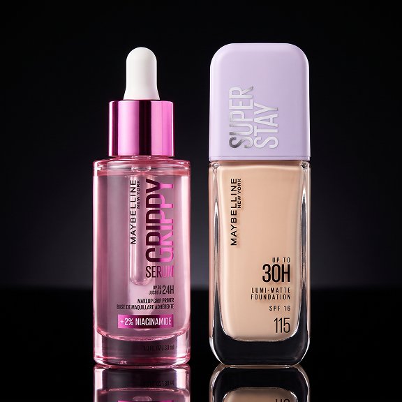 Dark background, 2 products in focus: Maybelline New York Grippy Serum Primer and Maybelline New York Lumi-Matte Foundation