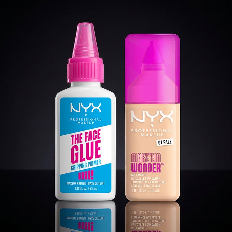 Dark background, 2 products in focus: NYX Professional Makeup Pore Filler Primer and NYX Professional Makeup Can’t Stop Won’t Stop Full Coverage Foundation