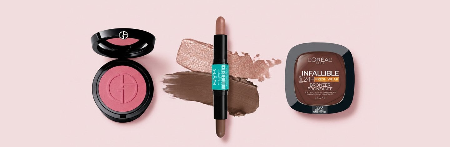 Image of Armani blush, NYX contour, and L'Oreal Paris Bronzer on a pink background