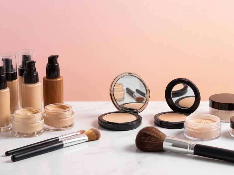 An image showcasing generic cream/liquid foundation products on one side of a counter, and powder foundation products on the other side of the counter. Complete with a few brushes in the frame and a mirror compact.