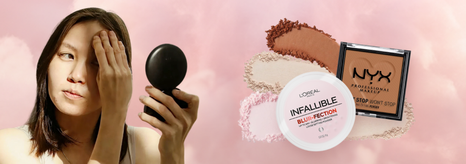 Woman looks into compact while applying pressed powder