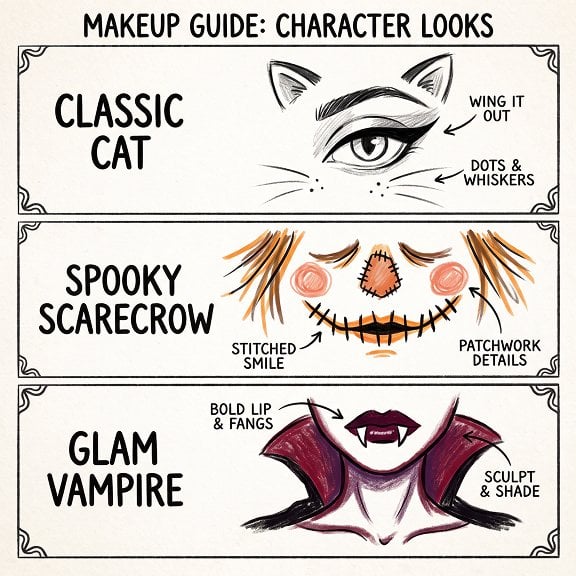 Illustrated makeup guide direction: show a classic cat, a spooky scarecrow, and a glam vampire as a simple graphic, markup, or sketch. Do not use a person or face.