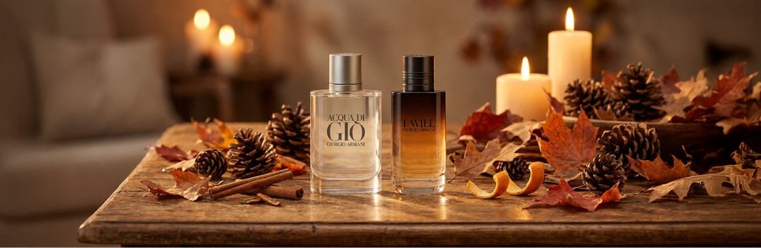 A richly textured autumnal scene unfolds: on an antique wooden table, perfume bottles shimmer among scattered pinecones, dried leaves, and aromatic elements like cinnamon sticks and citrus peel. Gentle candlelight bathes everything in a warm, golden glow. The scene is cozy, inviting, and entirely free of people, focusing solely on objects, textures, and evocative seasonal ambiance. 