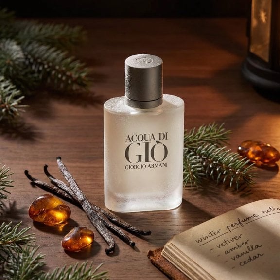An image of Acqua di Gio Eau de Toilette on a table with a book and fall scent describers.
