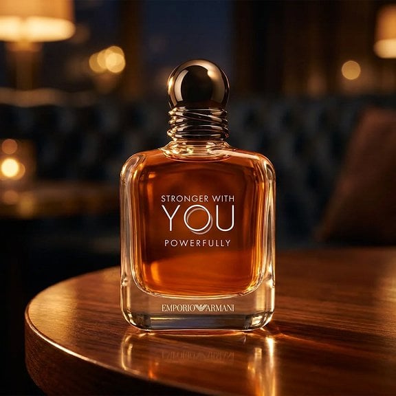 A dark, amber-tinted glass bottle of Stronger With You Powerfully Eau de Parfum stands on a polished dark wood table.