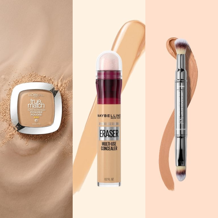 Maybelline New York Instant Age Rewind Eraser Multi-Use Concealer, IT Cosmetics Heavenly Luxe Dual Airbrush Concealer Brush, L’Oreal Paris True Match Super Blendable Powder.