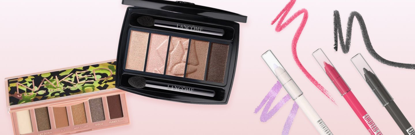 Image of the products Hypnose 5-Color Eyeshadow Palette, Urban Decay Naked Foxy Mini Eyeshadow Palette, and Tattoo Studio Sharpenable Longwear Waterproof Gel Eyeliner Pencil on a pink gradient